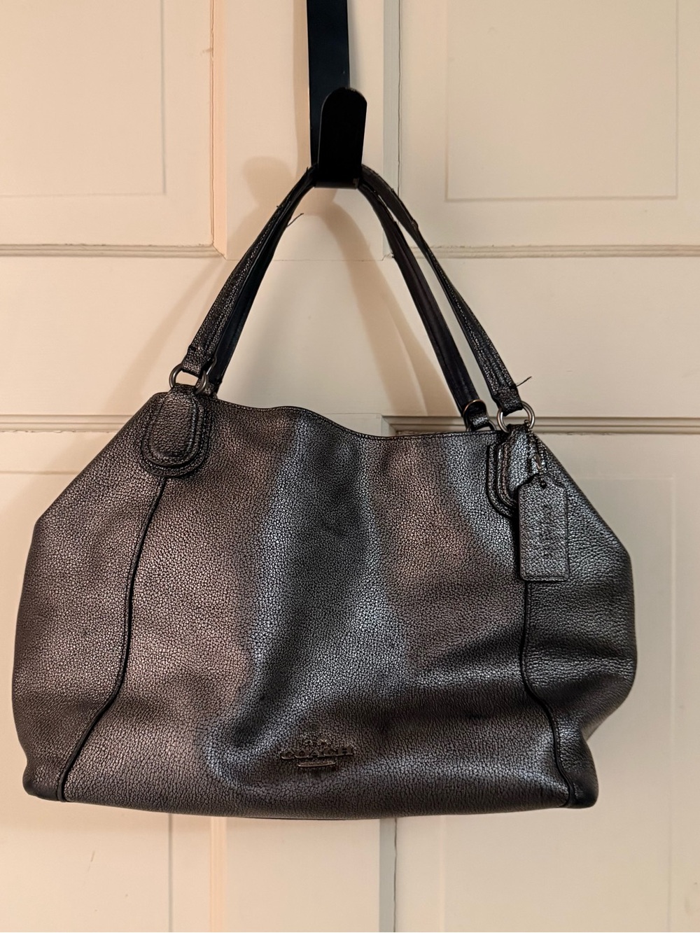 Coach Metallic Charcoal Pebbled Leather Shoulder Tote